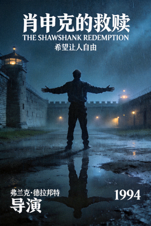 经典电影《肖申克的救赎》海报，男主角在雨中张开双臂的自由瞬间